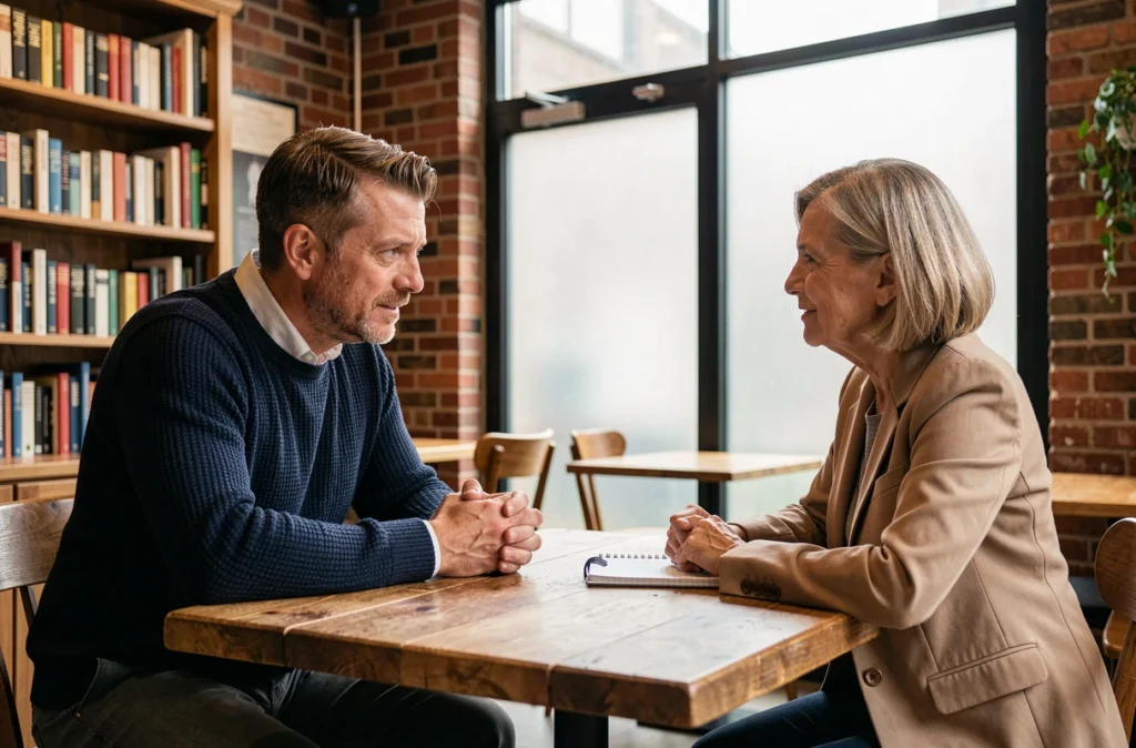 Homme en conversation profonde avec une thérapeute dans un café, illustrant l'accompagnement psychosocial et spirituel lors d'une crise existentielle