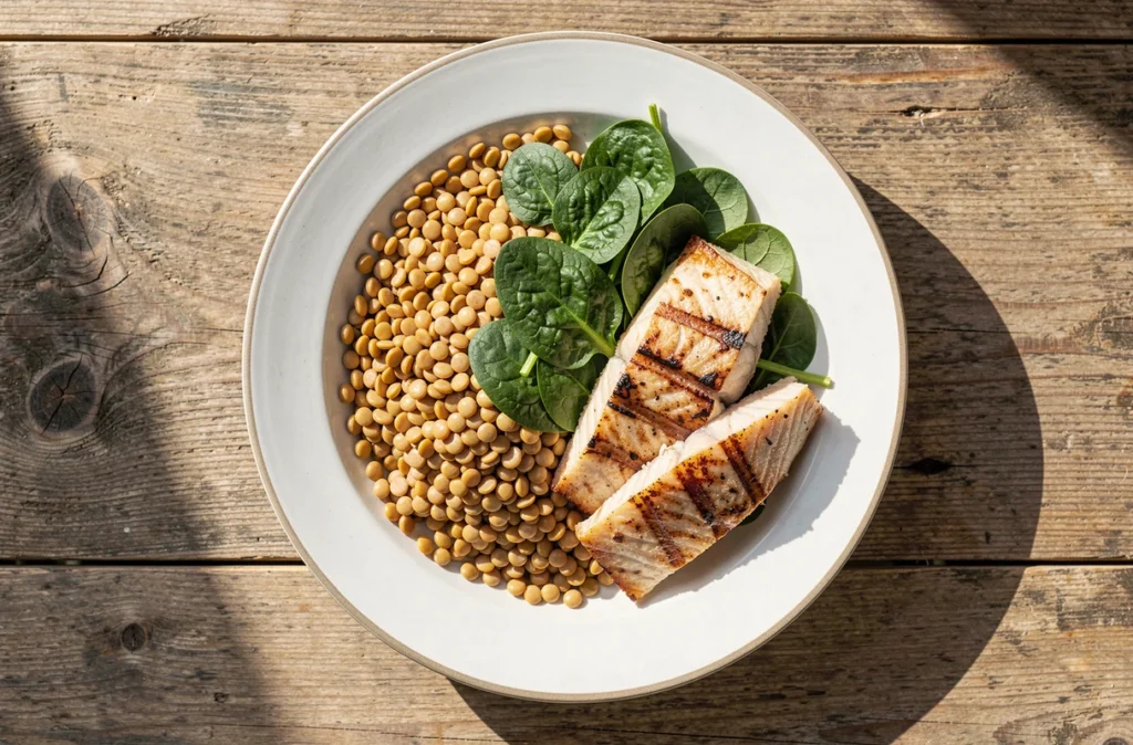 Assiette de lentilles, d'épinards et de poisson grillé sur une table en bois