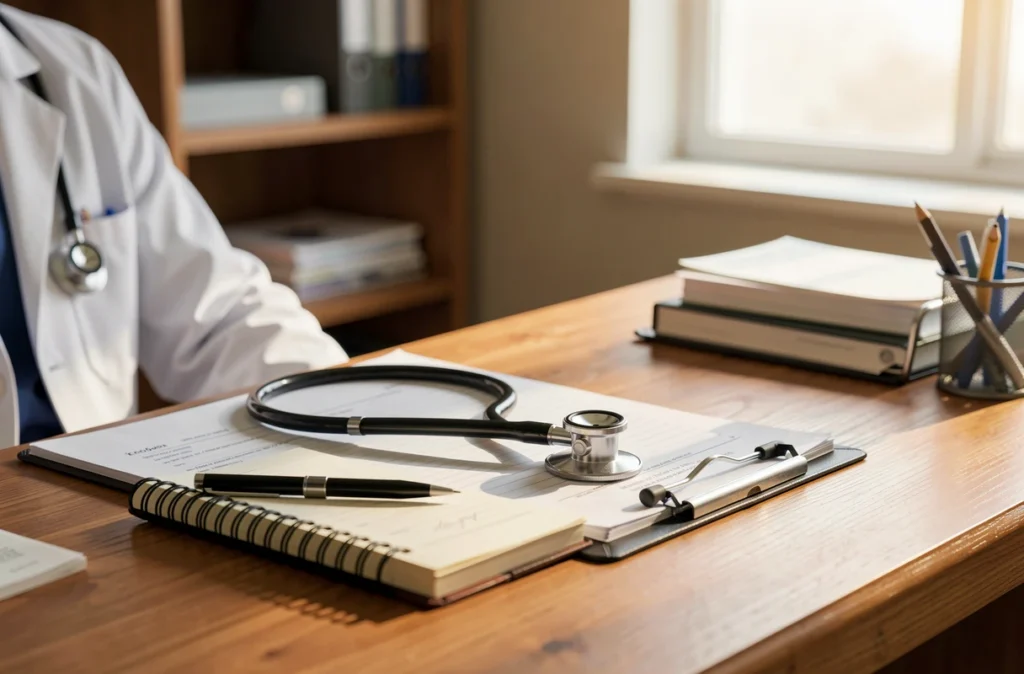 Bureau de médecin avec stéthoscope et carnet pendant une consultation
