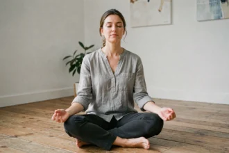 Femme en méditation dans une pièce minimaliste, symbolisant la résilience psychologique et spirituelle face aux crises existentielles