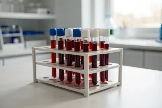 Tubes de prélèvement sanguin alignés sur une paillasse de laboratoire